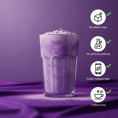 Purple ube latte with swirled milk showing product benefits: no added sugar, no artificial additives, totally instagrammable, and caffeine-free Image