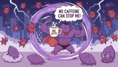 Illustrated superhero purple ube character with cape holding ube latte mug, protected from angry red caffeine monsters in city scene, showing caffeine-free power Image