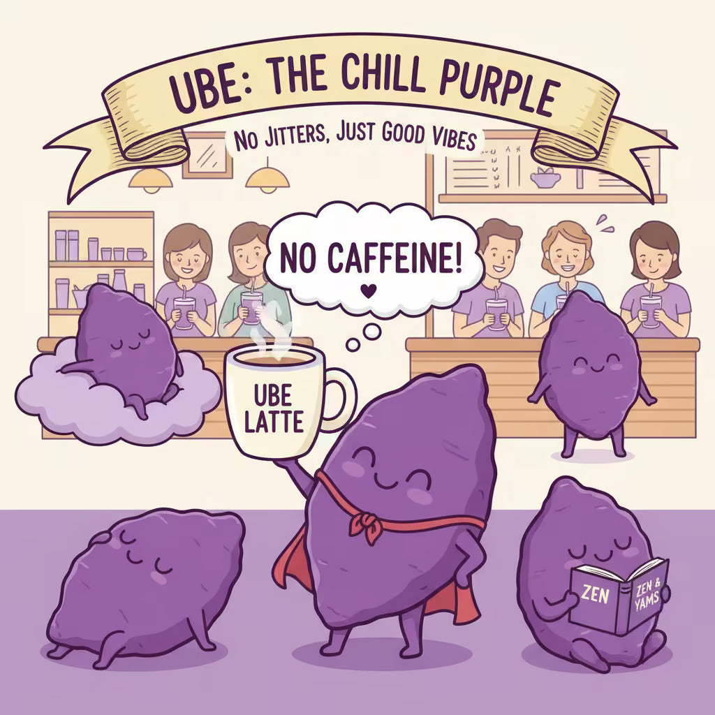Illustrated cafe scene with cute purple ube characters enjoying caffeine-free ube latte in a relaxed atmosphere with customers, promoting calm and zen vibes